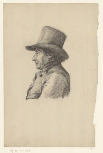 Profile of a man with a tall hat, possibly a self-portrait