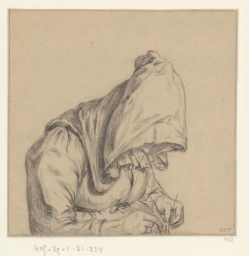 Seated elderly woman with hood