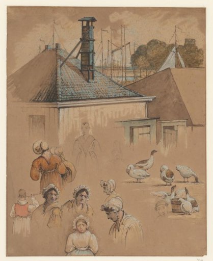 Sketch sheet with the Nieuwebrug and various female figures