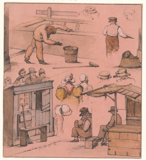Sketch sheet with various city types, including a shoeshiner and a cake stall