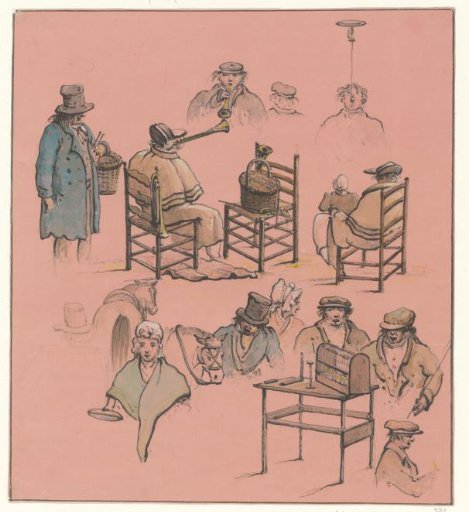 Sketch sheet with various city types, including fairground figures and street musicians