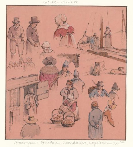 Sketch sheet with various city types, including Zaanstreek people and an apple seller