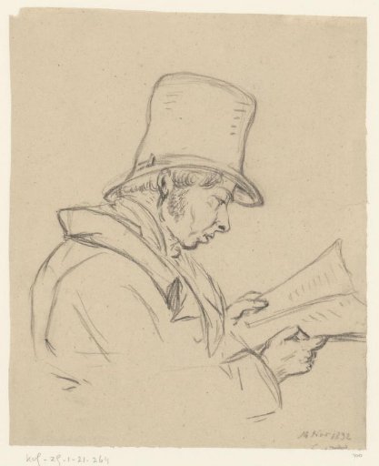 Man with a tall hat reading a book