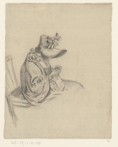 Seated woman with a canopy hat knitting