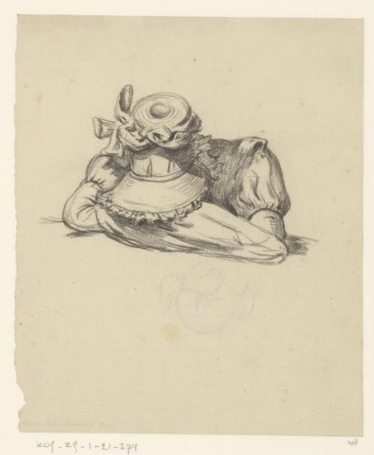 Seated woman with a sunbonnet sleeping with her head on her arms