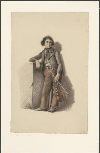 Boy with a violin leaning against a wall