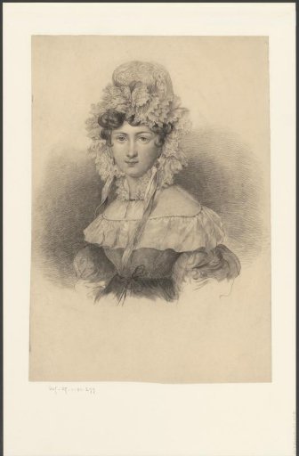 Lady with a cap with ruffles and ribbons