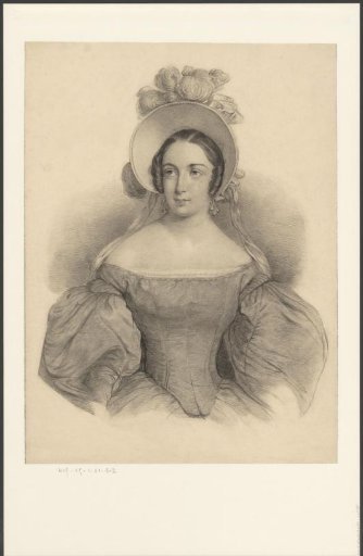 Lady in a dress with puffed sleeves and a canopy hat