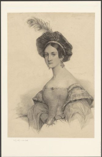 Lady in a dress and a fontange hairstyle with a peacock feather