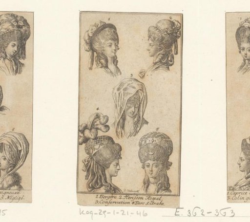 Five women with different hairstyles with hat or diadem