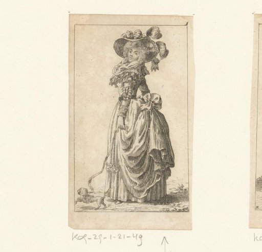 Standing Lady in a dress with a dog on a leash