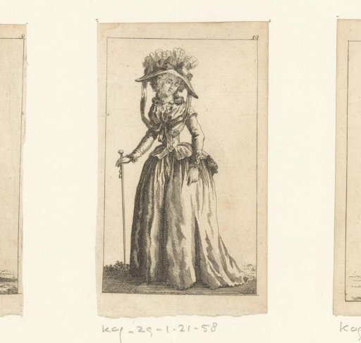 Standing lady with hat and walking stick, seen from the front