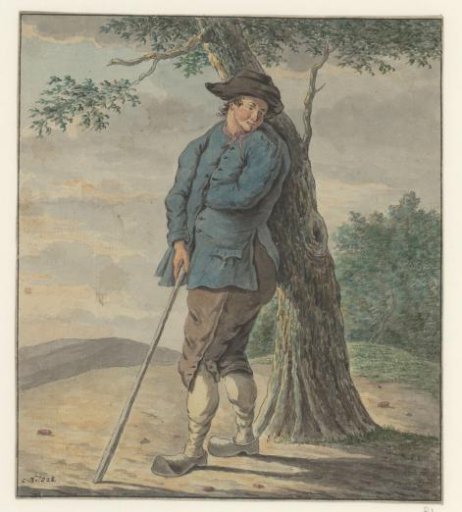 Peasant standing leaning against a tree
