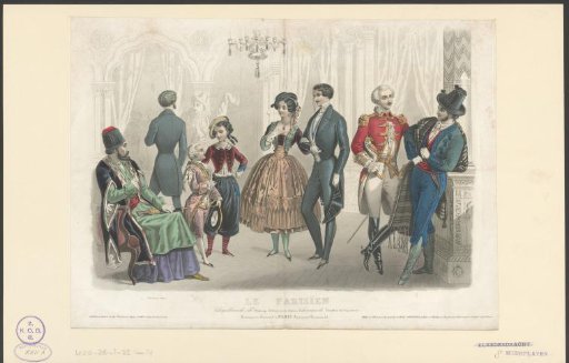 Interior with eight figures in fashionable dress