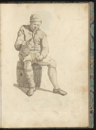 Drinking man sitting on a barrel