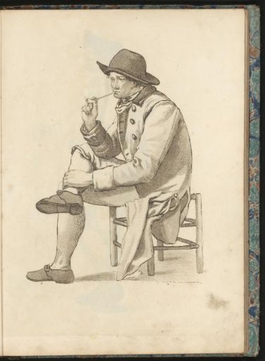Man smoking a pipe sitting on a stool