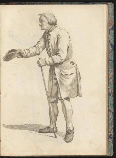 Man with a walking stick begging with his hat