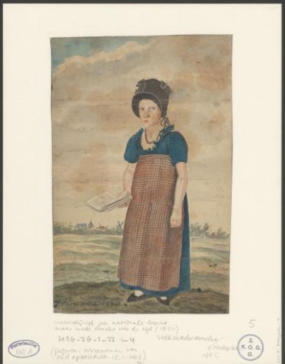 Standing girl in a dress and apron, holding a book