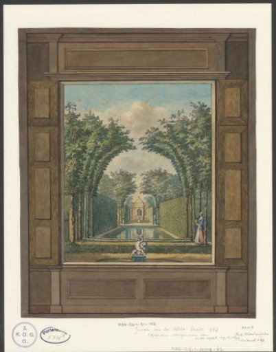 Pond in a garden, seen through a window