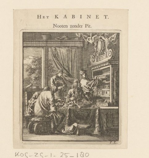 Five Men Examining the Contents of Various Drawers in a Cabinet