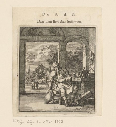 A Man Sitting Next to a Shaving Bench with a Jug