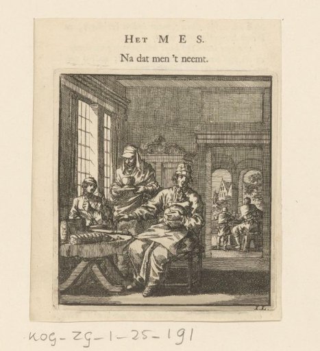 Several Figures at a Table with Bread and a Knife