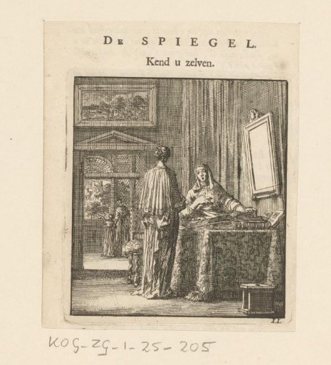A woman reading the Bible beside a mirror in which another woman is looking