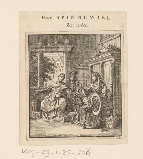 A woman spinning a thread and conversing with another woman