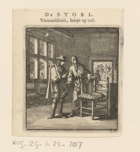 A man showing a chair with a rush seat and a cushion to another man