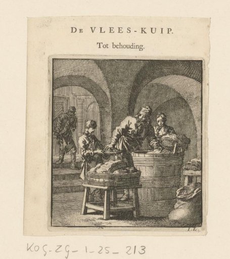 Men putting pieces of meat and salt into a vat
