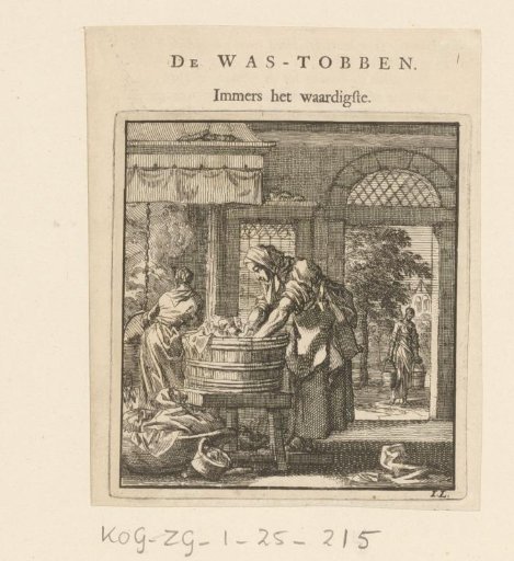 A woman washing linen in a wash tub
