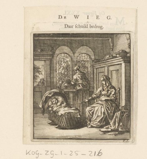 A woman beside a cradle in which a baby lies