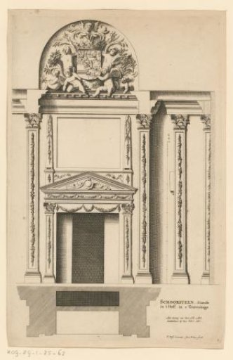 Plan, front and side view of a fireplace at the Binnenhof in The Hague