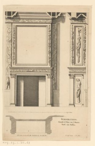 Plan, front and side view of a fireplace at the Binnenhof in The Hague