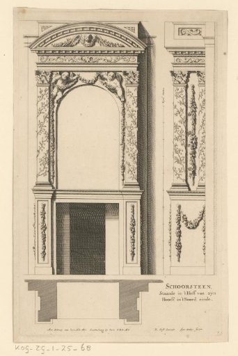 Front and side view of a fireplace with two putti from Noordeinde Palace