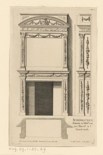 Front and side view of a fireplace with a monogram from Noordeinde Palace