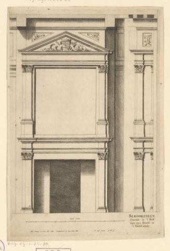 Front and side view of a fireplace with a pediment and coat of arms from Noordeinde Palace