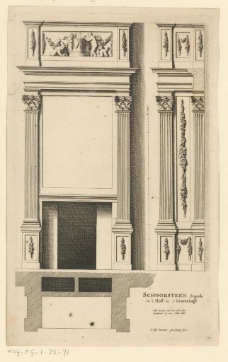 Front and side view of a fireplace with putti from Noordeinde Palace