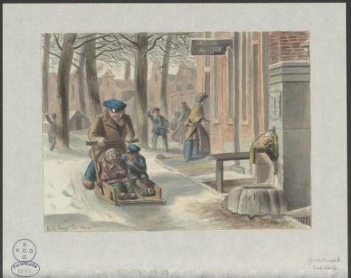 City View with Boys Playing Snowball and a Sleigh
