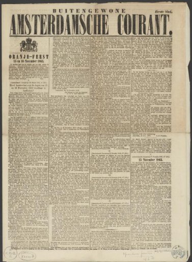 Extraordinary Amsterdam Courier with announcement of the Orange celebration on November 15 and 16, 1863