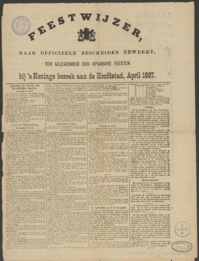 Festival guide, compiled from official documents, for the public celebrations on the occasion of the King's visit to the capital, April 1887