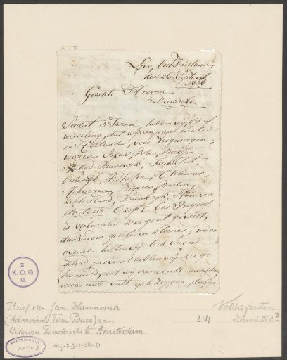 Letter from Jan Hannema to the publisher Gebroeders Diederichs, 1858