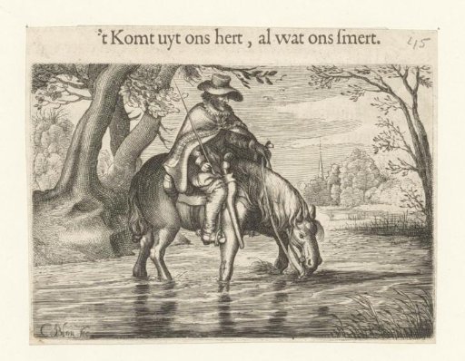 Horseman letting his horse drink in a stream