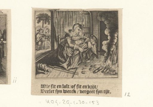 Woman warming herself with her skirt pulled up by the fireplace
