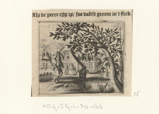 Man reaches for his head, where a pear has just fallen