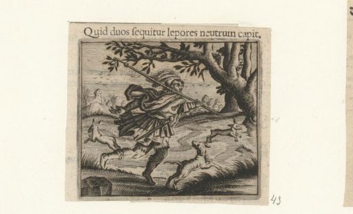 Hunter hunting two hares that are running in different directions