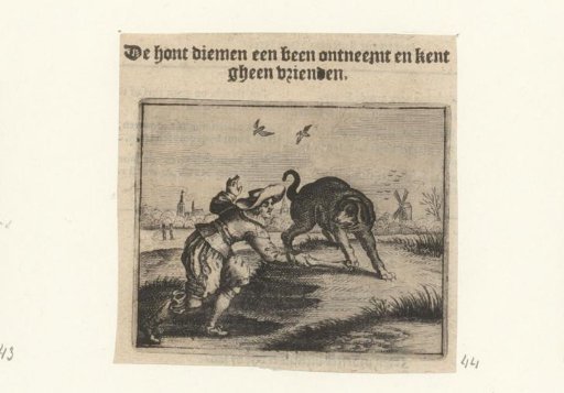 Man trying to grab a bone from an angry dog
