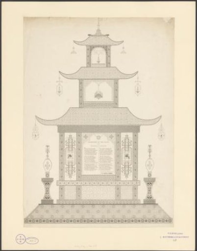Copperplate print with a temple in Asian style
