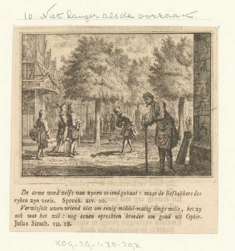 Poor man with a stick looking at wealthy people on a square