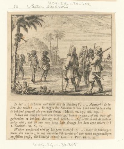 Four armed white men observing women of the indigenous inhabitants of a country they have just arrived in